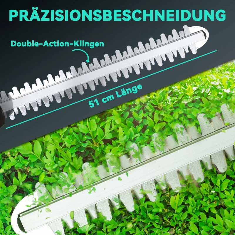 Outsunny Elektryczne Nożyce do Żywopłotu z Akumulatorem, 51cm Długość Cięcia, Silnik Bezszczotkowy, 2 Baterie, Bezprzewodowe, Metal, do Gałęzi, Krzewów, Niebieskie