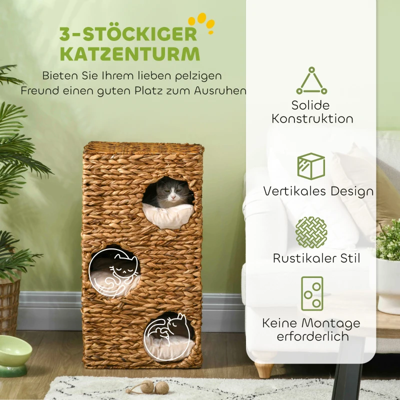 Domek dla kota, 76 cm, 3 kryjówki, poduszka, jasnobrązowy