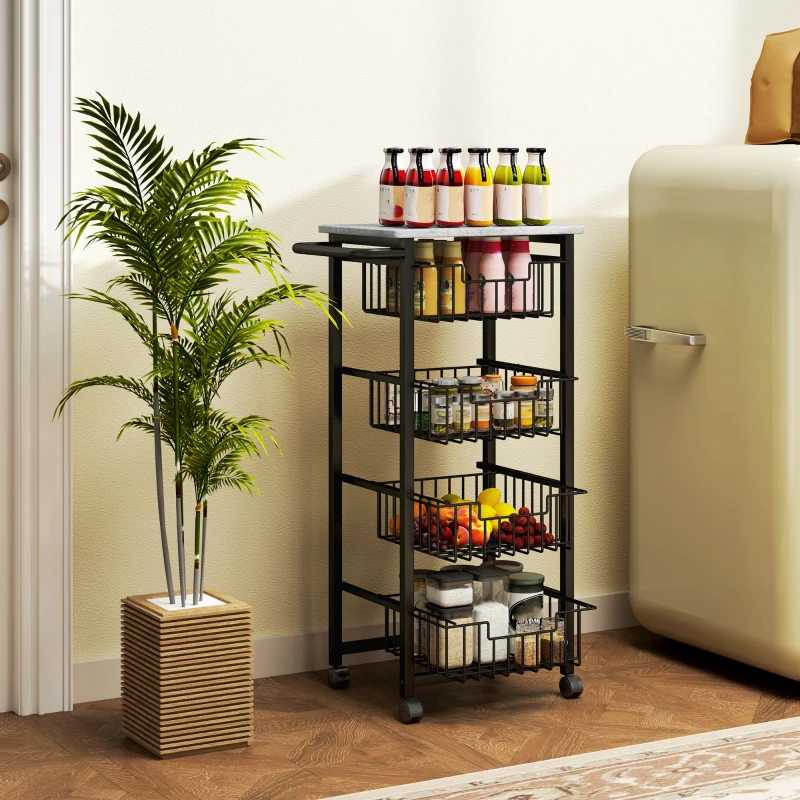 HOMCOM 4-poziomowa wyspa kuchenna na kółkach, wózek kuchenny na kółkach z 4 wysuwanymi koszami, mobilny wózek do serwowania, jasnoszary