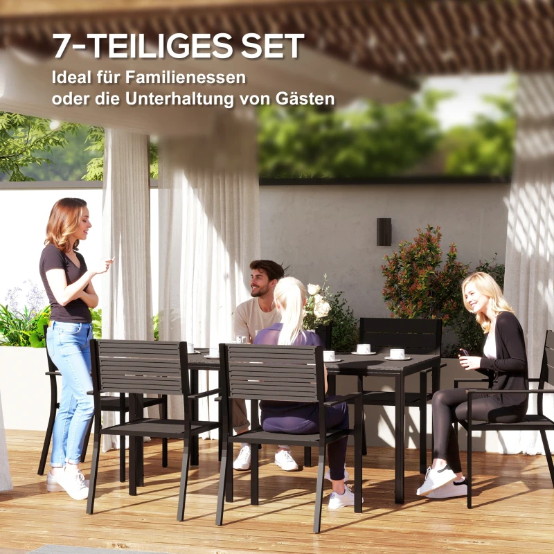 Outsunny 7 Piece Garden Furniture Set, 160 x 80 cm Rectangle Table and 6 Stackable Chairs Set, Outdoor Dining Set for Balcony, Deck, Dark Brown