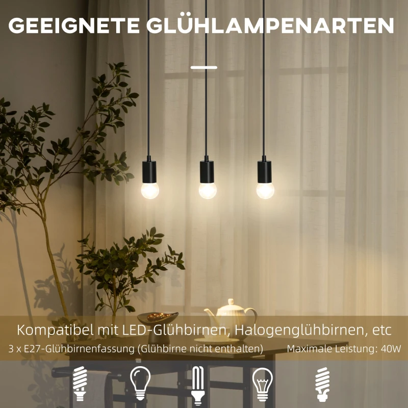 HOMCOM Lampa wisząca, 3-punktowa lampa wisząca, regulowana wysokość lampa wisząca z gniazdem E27 w designie przemysłowym, do kuchni, jadalni, metal, czarny