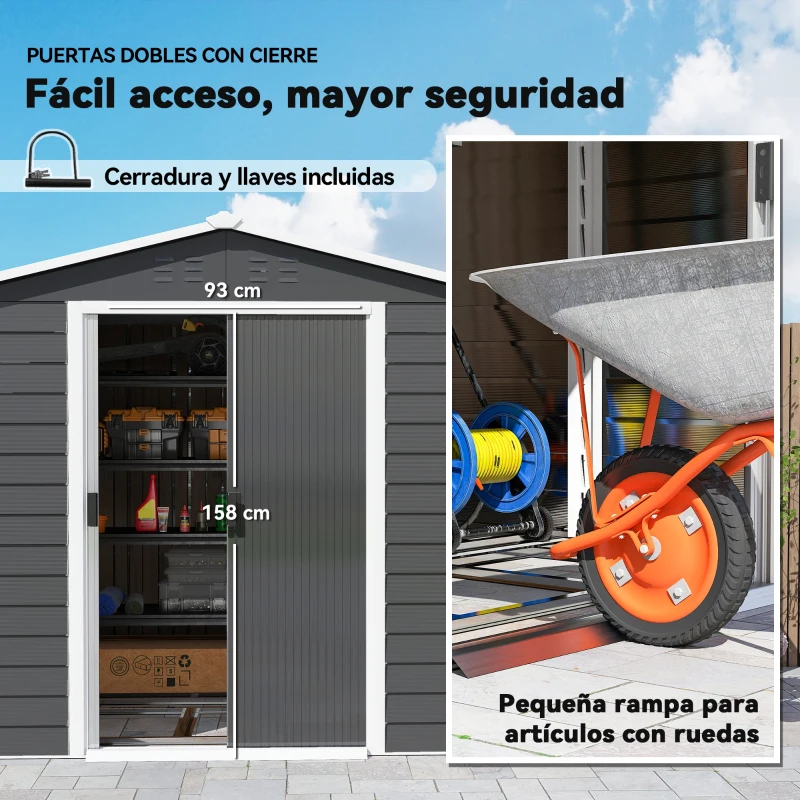Outsunny Cobertizo de Jardín Exterior 4,4 m² 240x206x198 cm con Base Puerta Corredera y Cerradura 4 Ventanas para Patio Gris
