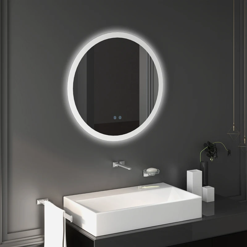 kleankin Miroir rond lumineux LED de salle de bain Ø 70 cm mural éclairage interrupteur tactile système antibuée 35W blanc argent