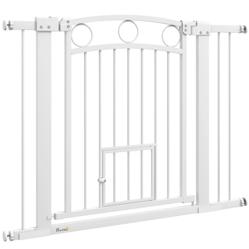 PawHut Stair Gate, 77cm Extra Tall Dog Gate with Adjustable Width 76-104cm, Pressure Fit Safety Gate with Cat Door, 7cm and 14cm Extensions, for Stairs & Doorways, Easy Installation, White