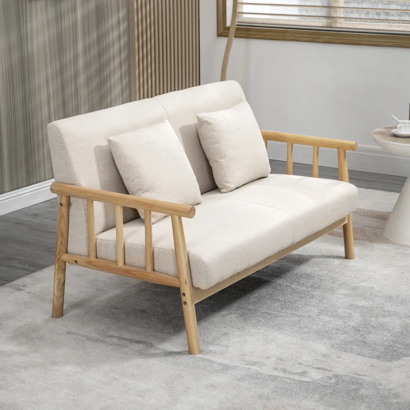 HOMCOM Sofa 2-osobowa, Kanapa z 2 poduszkami lędźwiowymi, Tapicerowana Sofa z ramą drewnianą, W wyglądzie lnu, Nowoczesna Sofa do małych pomieszczeń, Salon, Sypialnia, Beżowa