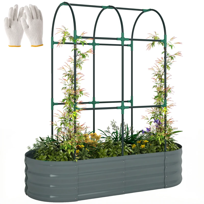 Outsunny Galvanised Raised Garden Bed with Arched Trellis, 4 x 2 x 4.6ft Metal Raised Bed for Garden with Open Bottom, Dark Grey