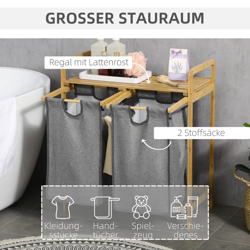 HOMCOM Wäschekorb Wäschebox mit 2 abnehmbaren Wäschesacke Wäschesammler mit Plattform Wäschesortierer für Badezimmer Bambus Szary 63,5 x 33 x 73 cm