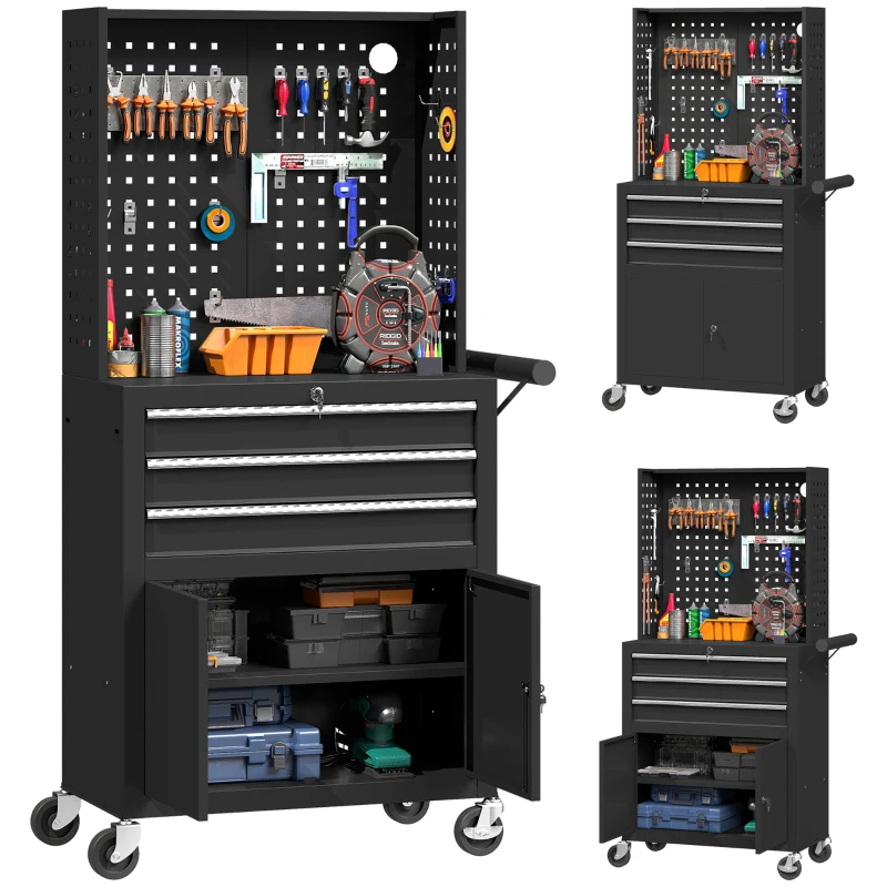 HOMCOM Carro de Herramientas con 3 Cajones Tabla de Pegboard Cerradura por Llave Estante Ajustable 2 Ruedas con Freno Negro