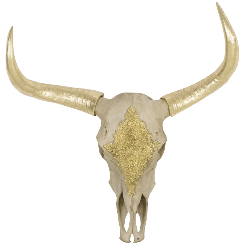 HOMCOM Dekoracja Ścienna Czaszka Byka z Tworzywa Sztucznego Dekoracja Stołowa Byk Czaszka Głowa Byka Czaszka Styl Modernistyczny do Sypialni Salonu z Liśćmi Złota 70 x 17 x 83 cm