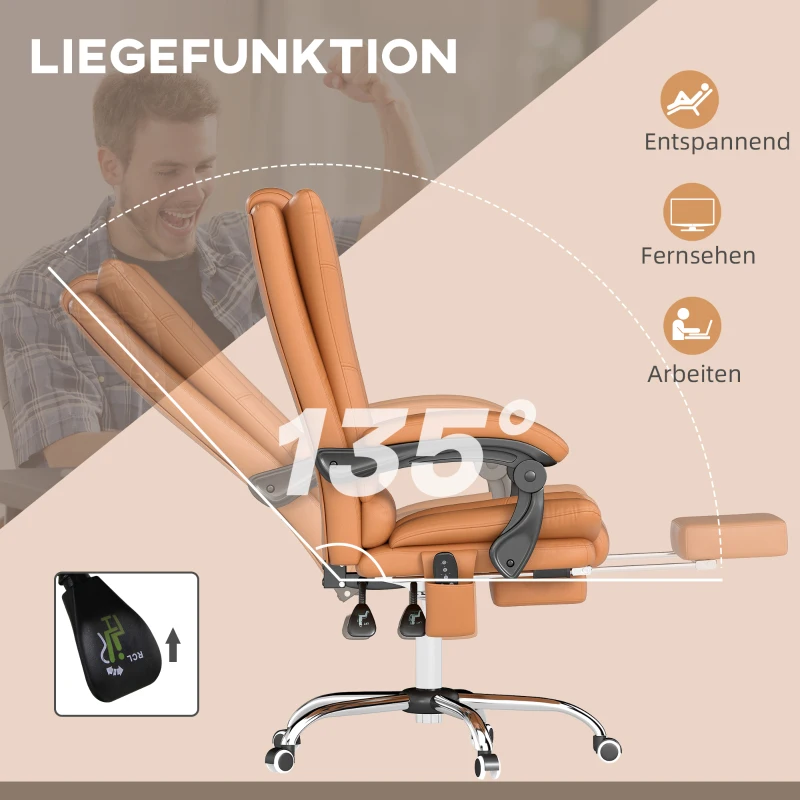 Vinsetto Fotel masujący, fotel biurowy z funkcją grzania, obrotowy fotel, fotel z funkcją leżenia, regulowany fotel PC, jasnobrązowy