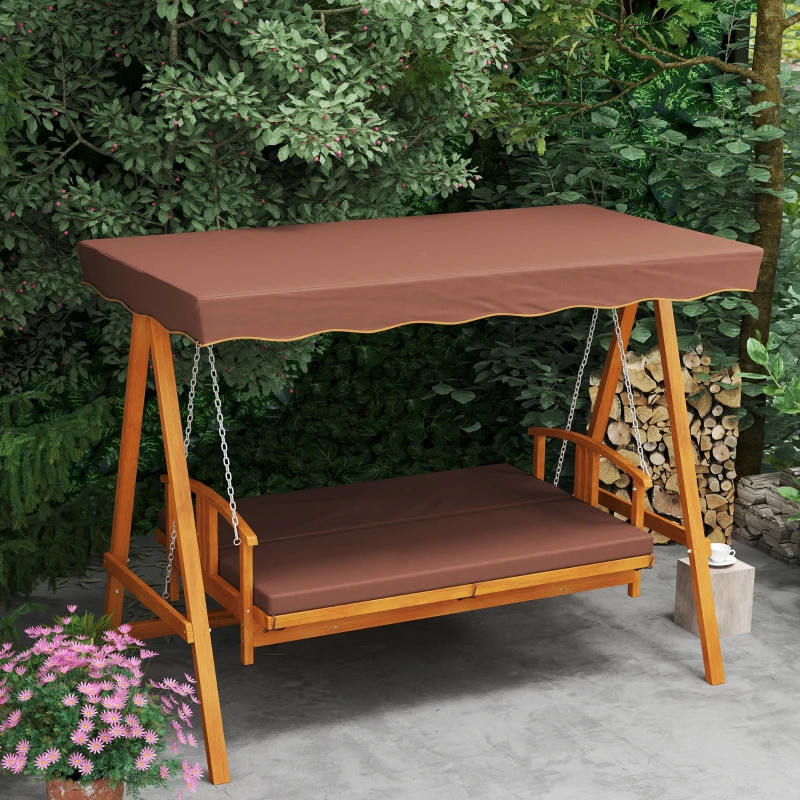 Outsunny Hollywoodschommel met zonnekap echt houten tuinschommel Schommelbank Schommel met ligfunctie van larikshout voor 3 personen