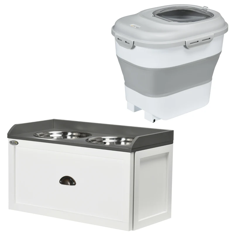 PawHut Conjunto de 1 Comedouro Elevado para Cães Grandes com 2 Tigelas de Aço Inoxidável e 1 Recipiente de Comida Branco