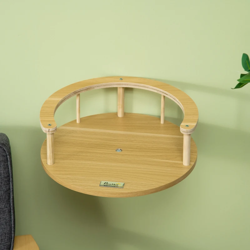 PawHut Ścienne Legowisko dla Kota, Łóżko dla Kota do Montażu na Ścianie, Hamak dla Kota, Platforma dla Kota z Poduszką, Meble dla Kota, Dąb + Kremowy, Ø34 x 10,5 cm