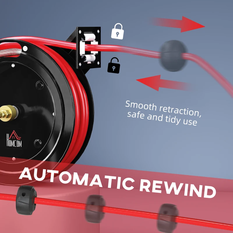 Automatyczna zwijarka do węży ciśnieniowych HOMCOM 15m+1m z wężem ciśnieniowym, średnica 9,5 x 15,8 mm, max. ciśnienie: 20 bar, hamulec węża, zwijarka ścienna