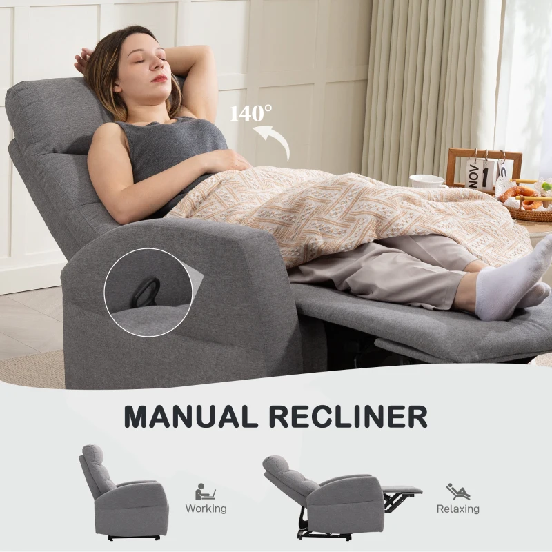 HOMCOM Fotel Relaksacyjny, Fotel Telewizyjny z Funkcją Leżenia, Wyściełany Fotel TV z Podnóżkiem, Wygląd Lnu, Fotel Wypoczynkowy do Salonu, Sypialni do 150 kg, Ciemnoszary