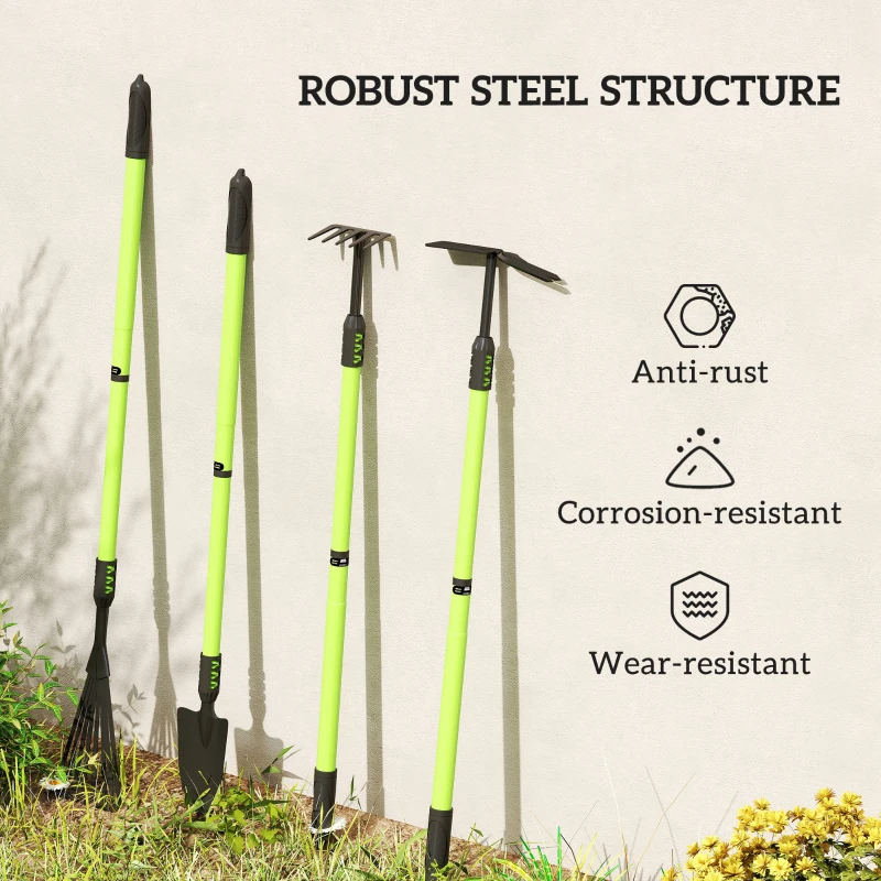 Outsunny Zestaw 4 Narzędzi Ogrodniczych z Łopatą, Motyką, Grabiami i Grabiami do Liści, Idealny Prezent dla Mężczyzn i Kobiet