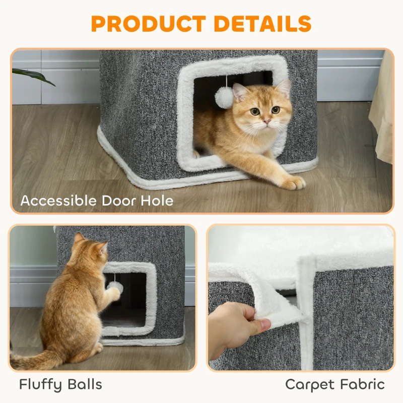 PawHut Wieża dla kota 100 cm wysokości, 41 x 41 cm, czteropoziomowa z piłką do zabawy, obrzeżem z pluszu, jaskinią dla kota, drapakiem dla 1-2 kotów do 7 kg, Szara