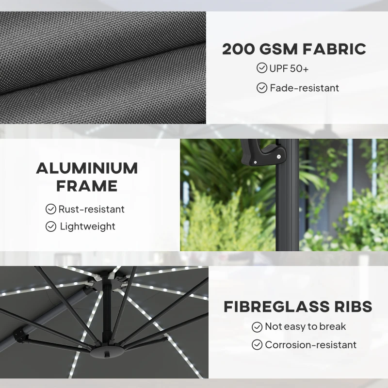 Outsunny 3(m) Cantilever Garden Parasol with Solar Powered Lights, Crank Handle & Cross Base, UPF 50+, 360° Rotation, Dark Grey