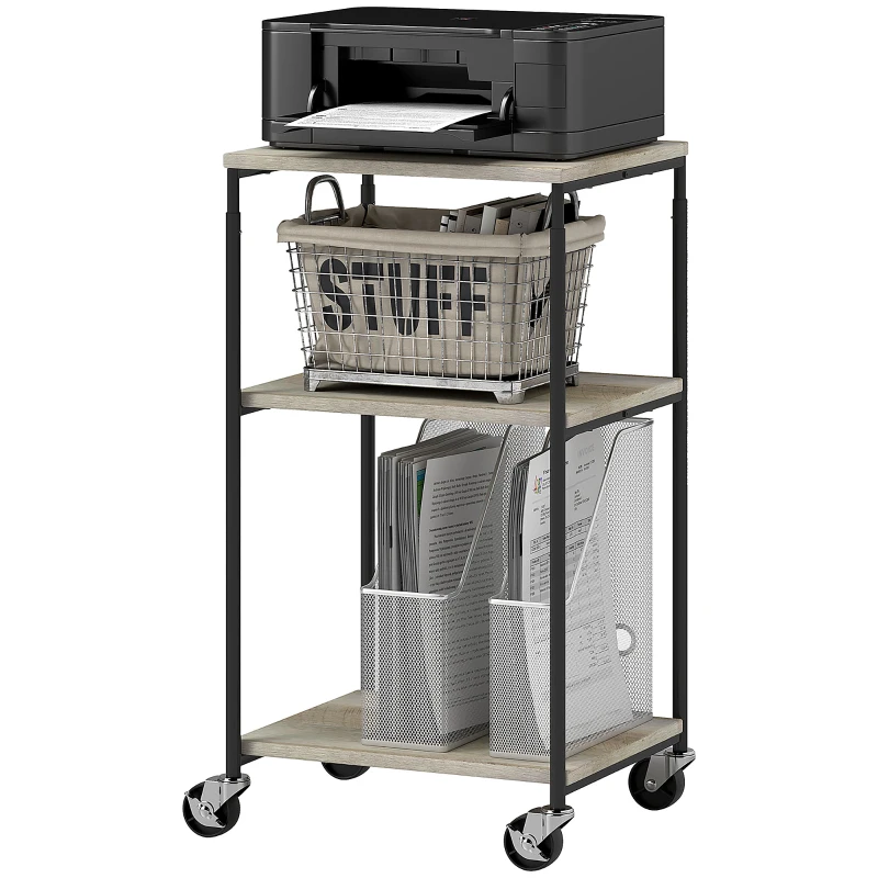 HOMCOM 3-Tier Printer Stand with Storage Shelf and Adjustable Height, Mobile Printer Table on Wheels, Rolling Printer Cart for Home Office, Graphite Wood Effect