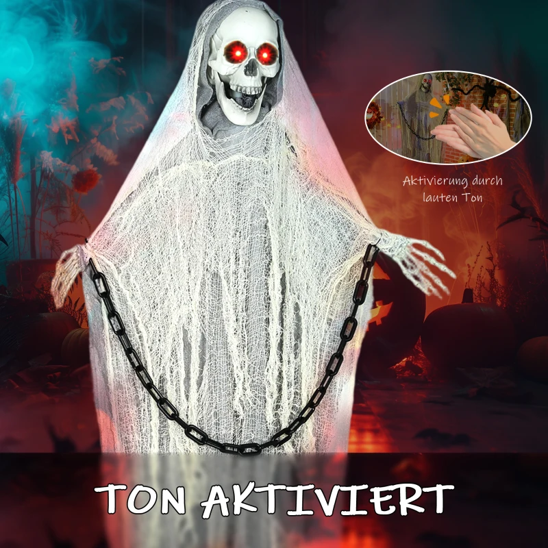 Outsunny 183cm Dekoracja na Halloween Sensenmann z LED, Funkcją Dźwiękową, Dekoracja Drzwi z Regulowanymi Ramionami, Głową, Figura Ogrodowa w Naturalnej Wielkości na Imprezę