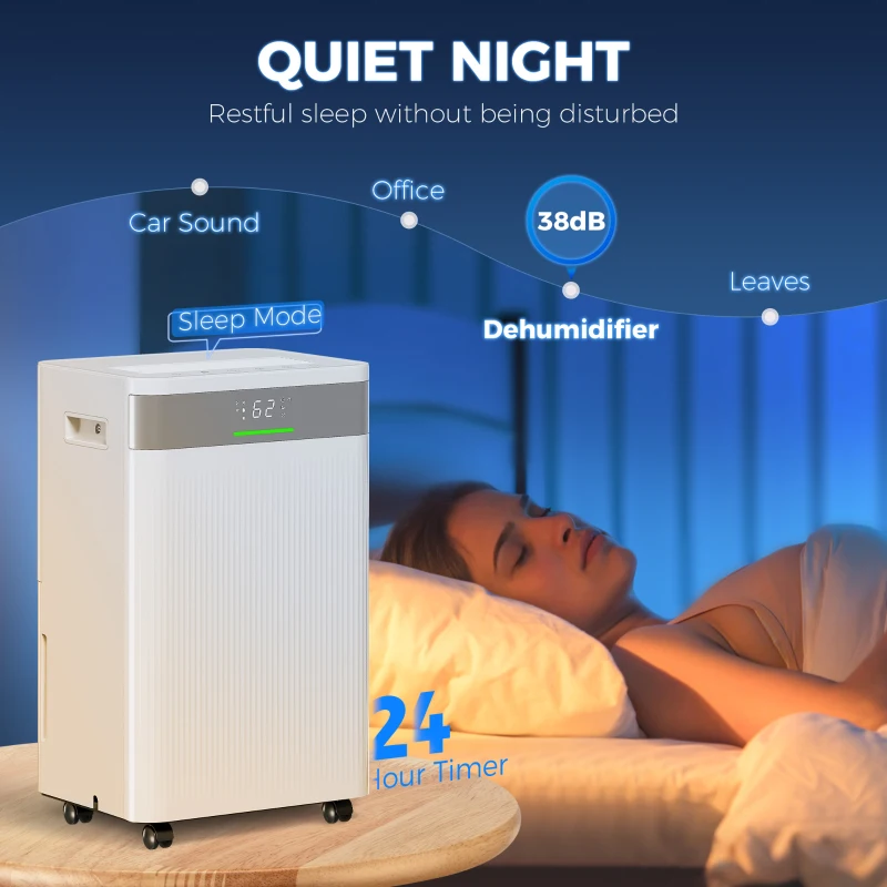 Osuszacz powietrza HOMCOM 4,5L z cyfrowym wskaźnikiem wilgotności, dzienna wydajność 20L, Biały