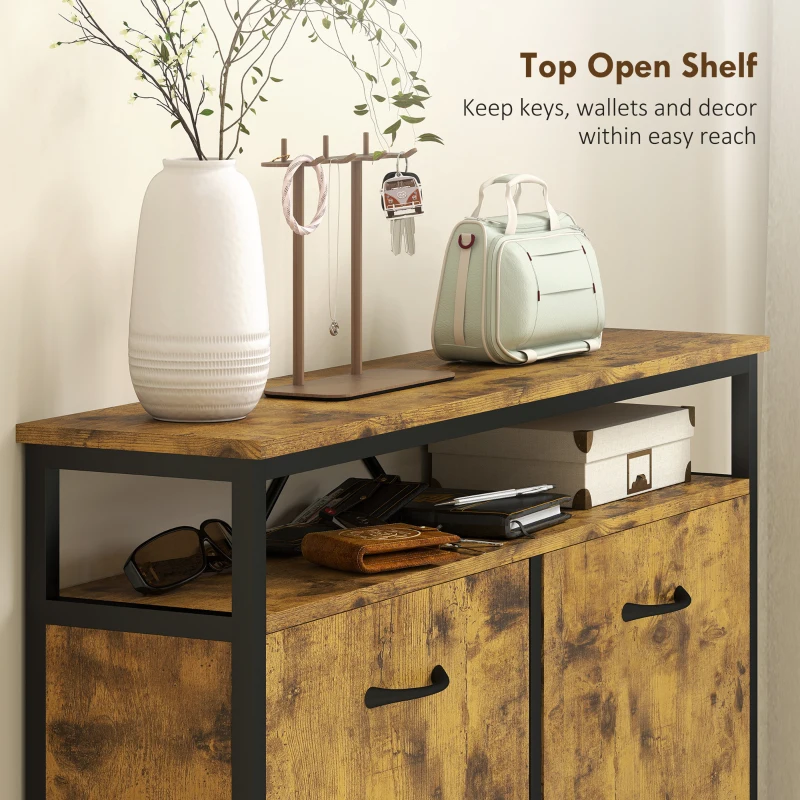 HOMCOM Narrow Shoe Cabinet with 4 Flip Drawers, Industrial Slim Shoe Storage Cabinet with Open Shelf and Adjustable Shelves for Hallway, Entryway, Holds 12-20 Pairs, Rustic Brown