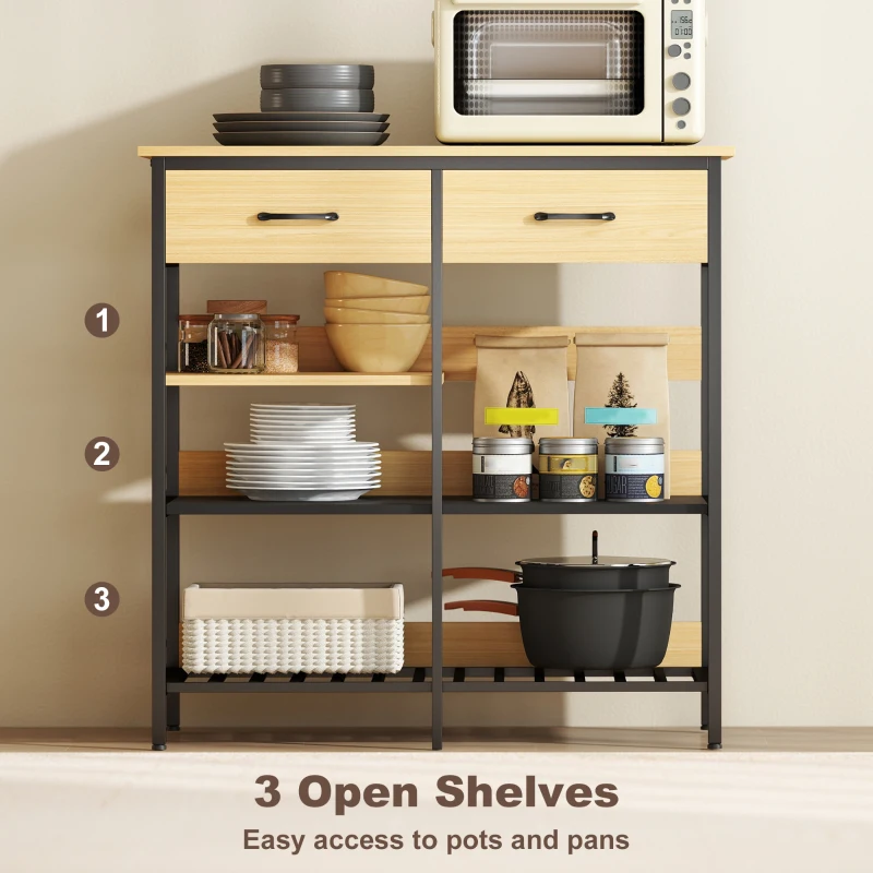 HOMCOM Kredens, Komoda z 2 szufladami, 3 otwartymi półkami, Szafka kuchenna, Szafka bufetowa, Szafka na zapasy dla kuchni, salonu, jadalni, 90x40x91 cm, Drewno naturalne