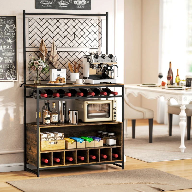 HOMCOM Kitchen Bakers Rack with Wine Storage, 96.5 cm Microwave Stand with Metal Wire Panels and 5 Hooks, Coffee Bar Station, Kitchen Storage Shelf for Spices, Pots and Pans, Rustic Brown