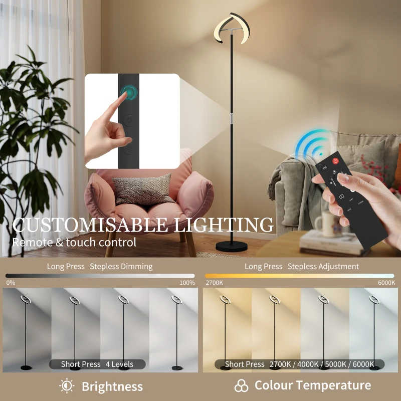 HOMCOM Lampa podłogowa LED do salonu RGB, z regulacją jasności, z obrotową podwójną głowicą, pilotem, sterowaniem dotykowym, 4 temperaturami barwowymi, timerem, nowoczesna lampa sufitowa do salonu, sypialni, biura