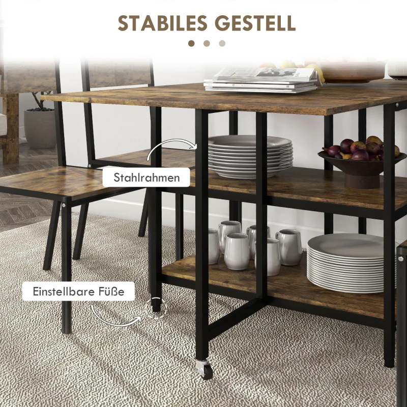 HOMCOM Stół Jadalny Składany, Stół Składany z Kółkami, 140 x 80 cm Stół Kuchenny z 2 Półkami dla 2-6 osób, Stół Jadalniany, do Kuchni, Jadalni, Stal, Rustykalny Brąz