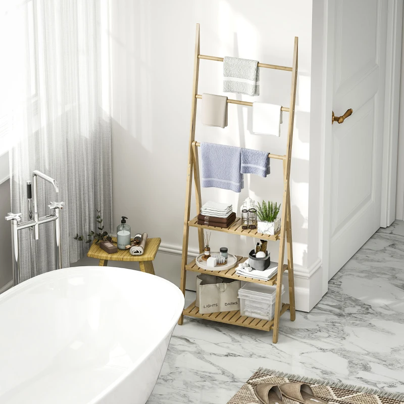 Półki łazienkowe HOMCOM, 3-poziomowy regał bambusowy w kształcie litery A z drążkami na ręczniki, wolnostojący organizer na półki do salonu, naturalny