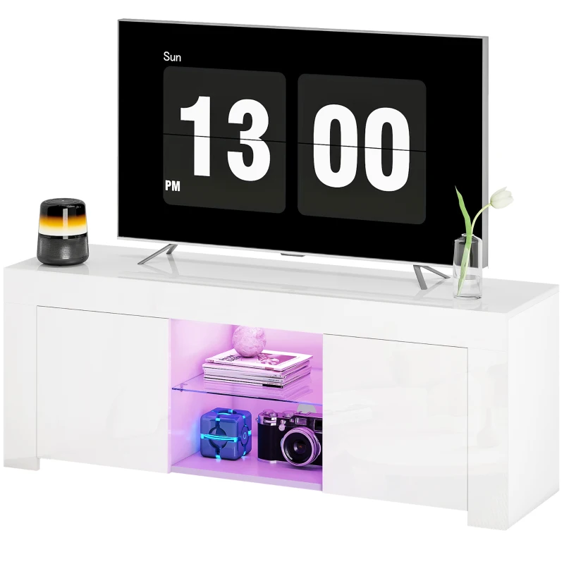 Szafka RTV HOMCOM z oświetleniem LED, 2 drzwi szafki, półka szklana, otwory na kable, dla salonu, płyta wiórowa, biała