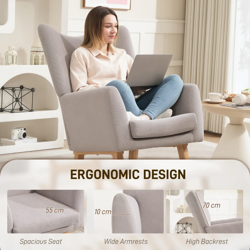 HOMCOM Fotel bujany z wysokim oparciem, wygląd sztruksu, fotel bujany z szerokimi podłokietnikami, drewniane płozy, fotel do karmienia dla salonu, sypialni, balkonu, jasnoszary