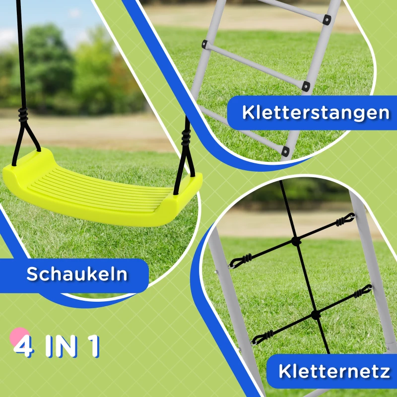 Outsunny Zestaw huśtawek dla dzieci z metalową ramą, stelaż z podwójną huśtawką, siatką do wspinaczki, drabiną, huśtawka ogrodowa dla dzieci 3-8 lat, stal, Zielony