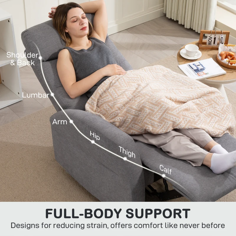 HOMCOM Fotel Relaksacyjny, Fotel Telewizyjny z Funkcją Leżenia, Wyściełany Fotel TV z Podnóżkiem, Wygląd Lnu, Fotel Wypoczynkowy do Salonu, Sypialni do 150 kg, Ciemnoszary