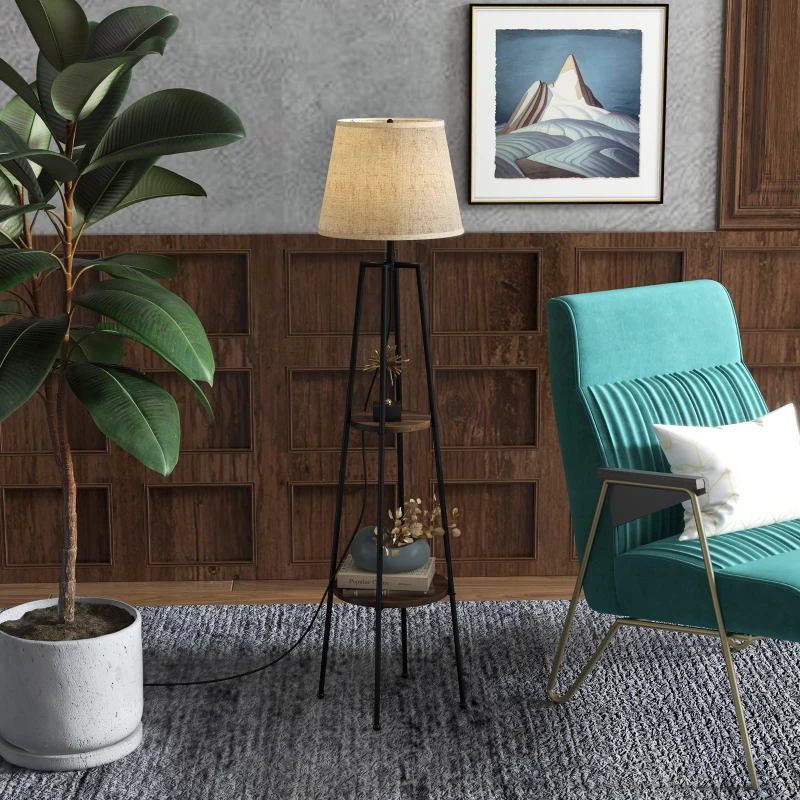 HOMCOM Lampada da Terra a 2 Ripiani in Metallo e MDF con Paralume in Tessuto, Ø42x166 cm, Nero e Marrone