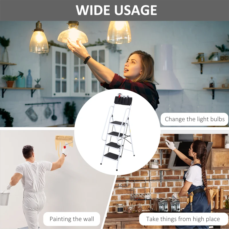 HOMCOM Składana drabina stojak z 4 stopniami drabina z uchwytem stelaż z torbą do 150 kg obciążenia w tym antypoślizgowe stopy stal 50 x 83 x 155 cm