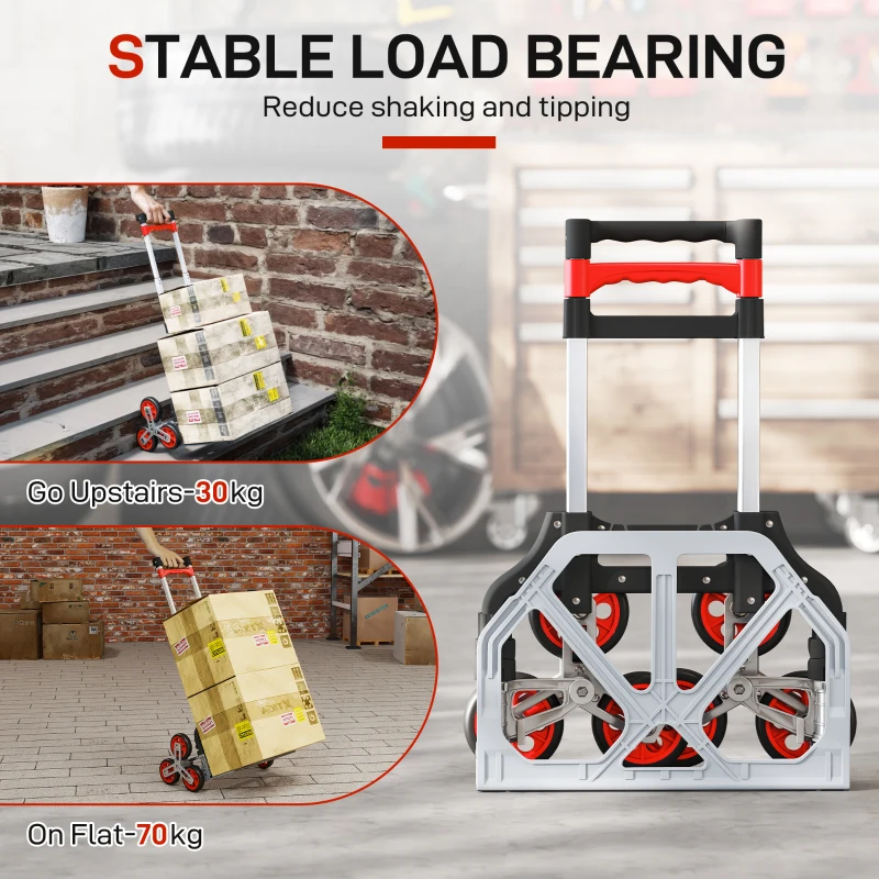 HOMCOM Składany Wózek Schodowy z 6 Kołami, Maks. Obciążenie 70 kg, Czerwony