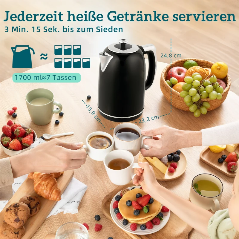 Zestaw HOMCOM Czajnik i Toster 1,7L Czajnik ze stali nierdzewnej 2-scheibowy Toster z 6 stopniami opiekania, 2200W Zestaw śniadaniowy z funkcją rozmrażania, podgrzewania, pamięci, wyświetlaczem LED, funkcją utrzymania ciepła