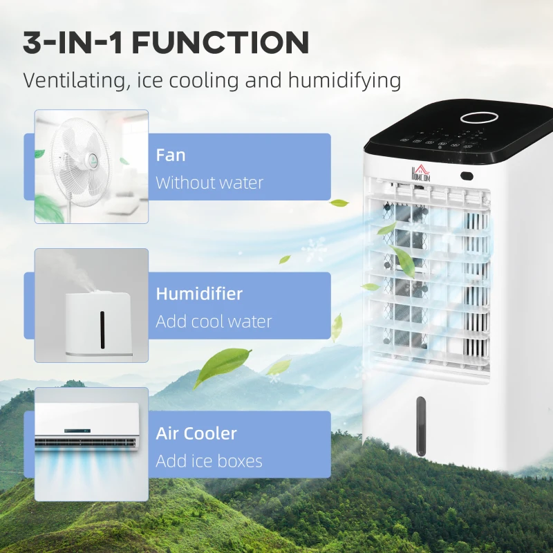 HOMCOM Mini Klimagerät 3 in 1 - Nawilżacz powietrza, przenośny chłodzący wentylator z 3 trybami, 60° oscylacją, funkcją timera i pilotem - do sypialni, biura