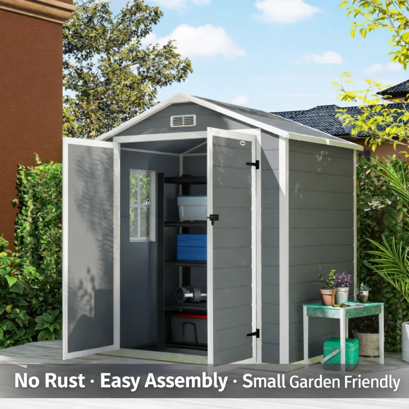 Outsunny 6x4.5ft Garden Storage Shed, Lockable Shed for Small Terraced Gardens with Double Doors, Window, Vent and Plastic Roof, Low Maintenance, Grey