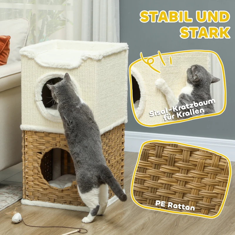 PawHut Cat Scratching Barrel, Cat Tree Tower with Sisal Scratching Post, 3-Level Design Condo with 2 Entrances, 2 Cushions, 75.5H cm, Cream