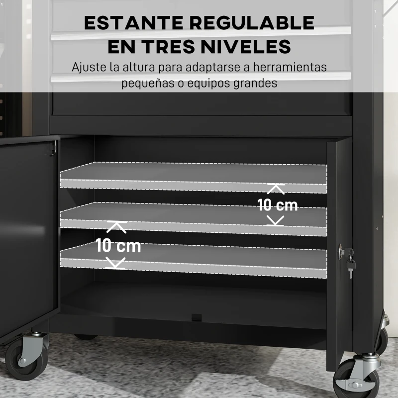 HOMCOM Carro de Herramientas con 3 Cajones Tabla de Pegboard Cerradura por Llave Estante Ajustable 2 Ruedas con Freno Negro