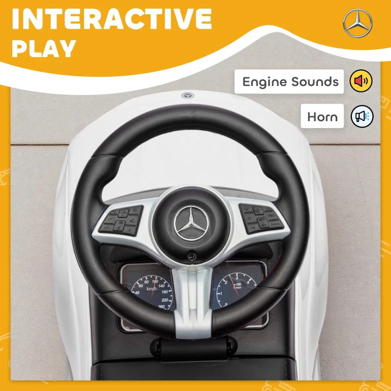 AIYAPLAY Mercedes-Benz klasy C Zjeżdżalnia dla dzieci, Pojazd z klaksonem, dźwiękami silnika, z miejscem na przechowywanie pod siedzeniem, dla dzieci w wieku 18-36 miesięcy, Biały