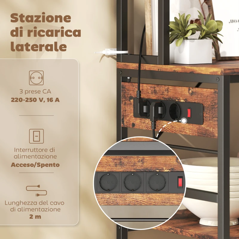 HOMCOM Scaffale da Cucina con Stazione di Ricarica, 5 Ripiani e 10 Ganci a S, in Legno e Acciaio, 80x40x170 cm, Marrone