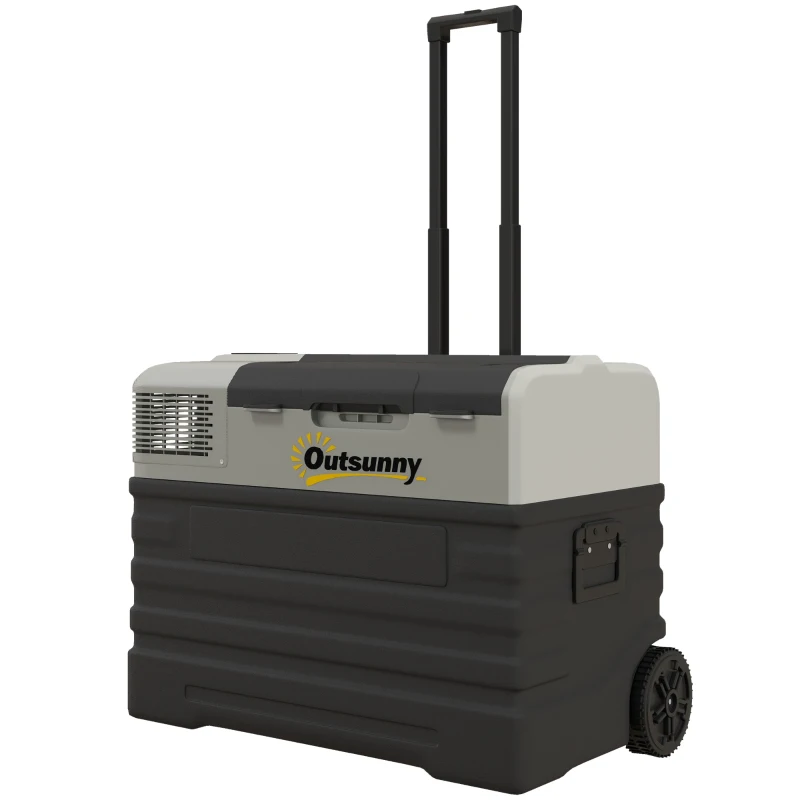 Outsunny Lodówka z kompresorem, 56 l, lodówka samochodowa 12/24 V DC i 240 V AC do -20°C, przenośna zamrażarka z trybami ECO/MAX, mini lodówka z drążkiem teleskopowym, kółkiem, na kemping, do