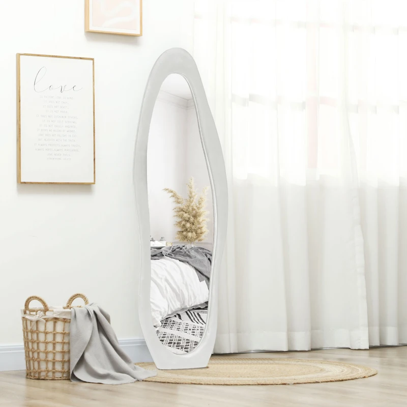 HOMCOM Arched Full Length Mirror, Irregular Wavy Mirror, 160 x 50cm Free Standing/Leaner/Wall Mirror with Velvet Frame for Living Room, Bedroom, White