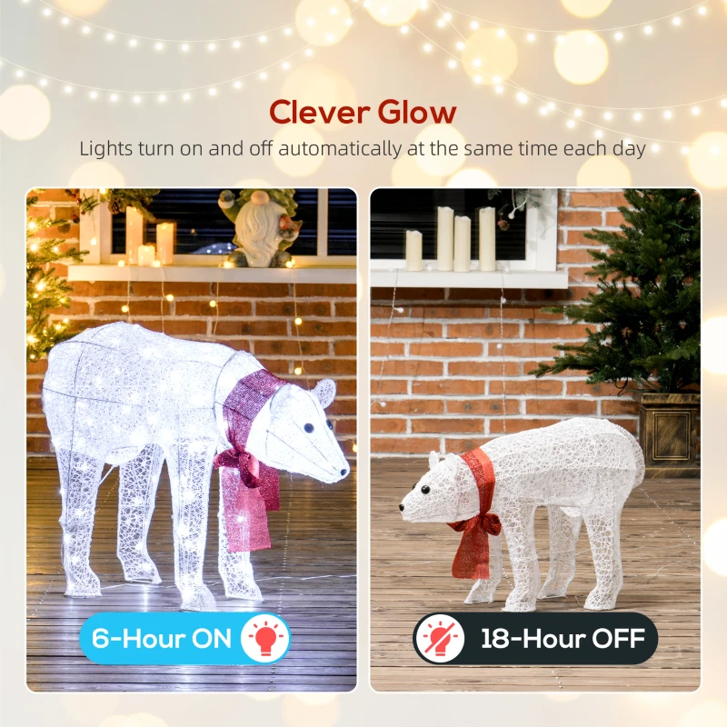 Dekoracja świąteczna Outsunny z rodziny niedźwiedzi polarnych, matka i młode, z timerem, 140 białych diod LED, oświetlenie świąteczne do wnętrza i na zewnątrz