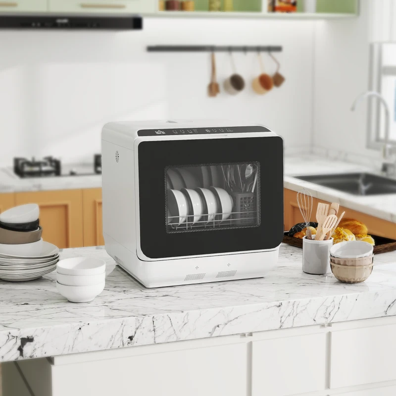 HOMCOM Table Top Dishwasher, Mini Countertop Dishwasher with Built-in 6L Water Tank, 6 Programs, Touch Control, LED Display, 4 Place Settings, Dual Water Supply and Air Drying Function, White