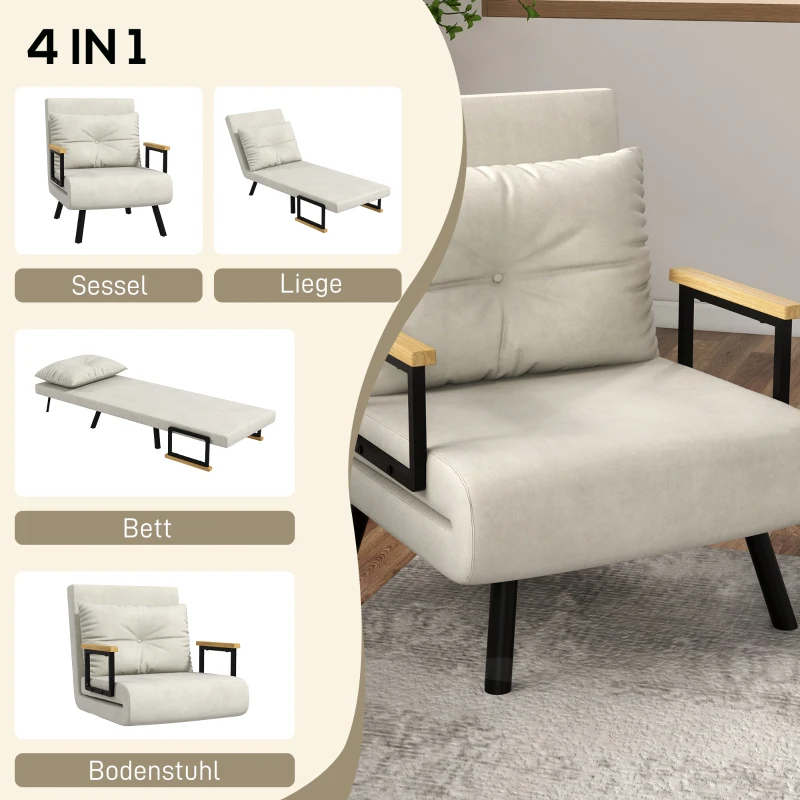 HOMCOM Relaxsessel im Skandidesign, Liegesessel, Lesesessel. ink. Kissen mit Knopfhefung, Cremeweiß